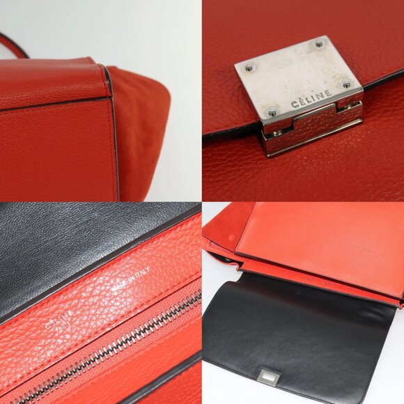 CELINE Trapeze Medium Hand Bag Suede Leather 2way Red Silver Auth gh084 - Picture 15 of 15